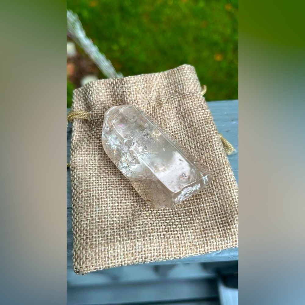 Clear Quartz Crystal on Burlap Pouch